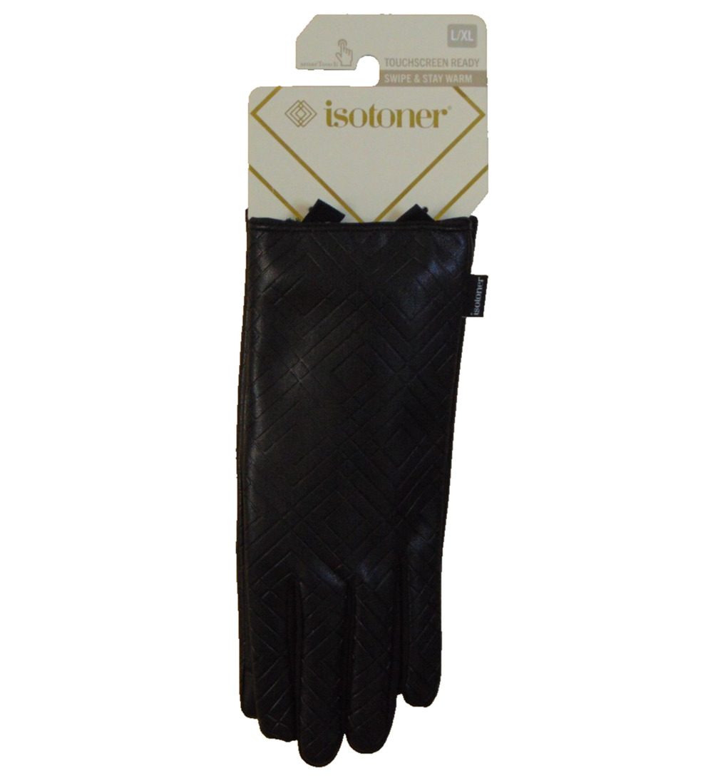 Isotoner Womens Faux Leather Gloves Black L/XL Tab Detail smartDRI NWT